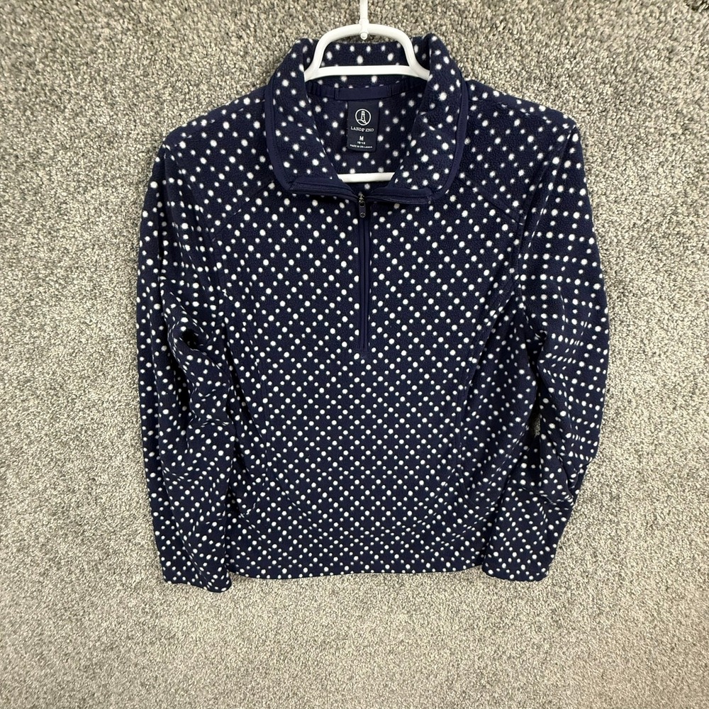 Lands End Navy Polka Dot Quarter Zip Fleece Pullover Sweater Womens Medium 10-12
